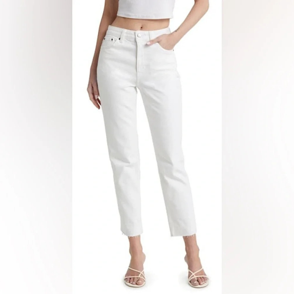 Topshop White High Rise Straight Leg Cropped Frayed Hem Jeans Denim Size 25